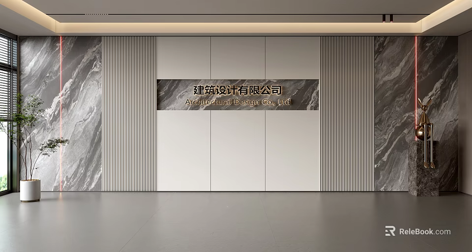 Modern Office Background Wall Design With Striped Marble Panels And Company Logo 3d model 