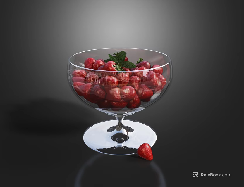Decorative Transparent Ceramic Pedestal Bowl Filled With Fresh Red Strawberries 3d model 