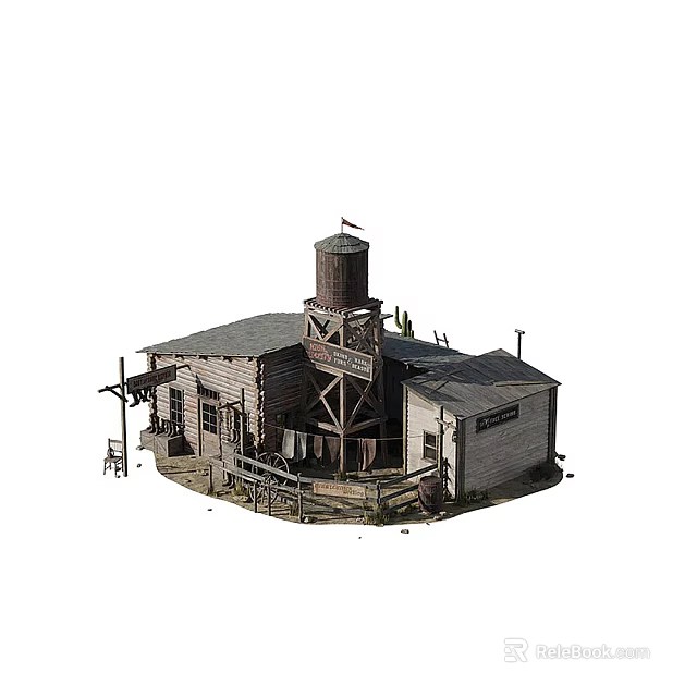 Western Style Town Scene With Wooden Buildings Water Tower And Fence 3d model 