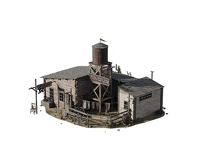 Western Style Town Scene With Wooden Buildings Water Tower And Fence 3d model