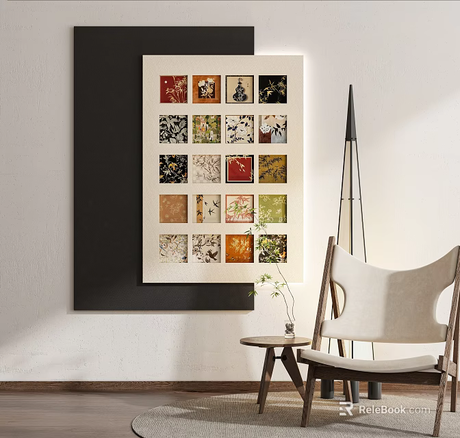 Abstract Painting With Grid Design And Vibrant Colors In Modern Room With Chair Floor Lamp 3d model 