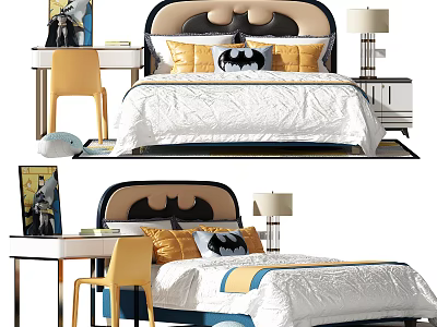 Batman Theme Kids Bed with Decorative Headboard Yellow Black Pillows Nightstand Table Lamp Desk Chair 3d model