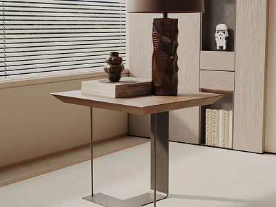 Modern Side Table With Wooden Top Metal Legs And Decorative Lamp Books Sculpture 3d model