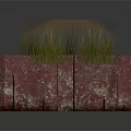 Green Grass Like Plants Growing In Red Rectangular Stone Planter With Mottled Texture