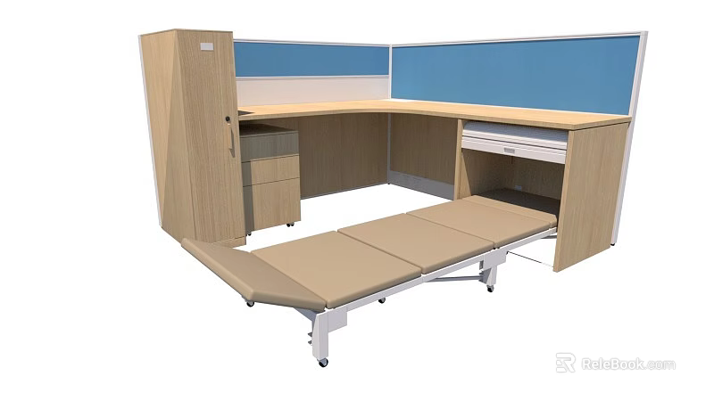 L Shaped Wooden Office Desk With Blue Partition And Storage Drawers 3d model 
