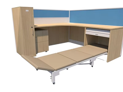 L Shaped Wooden Office Desk With Blue Partition And Storage Drawers 3d model