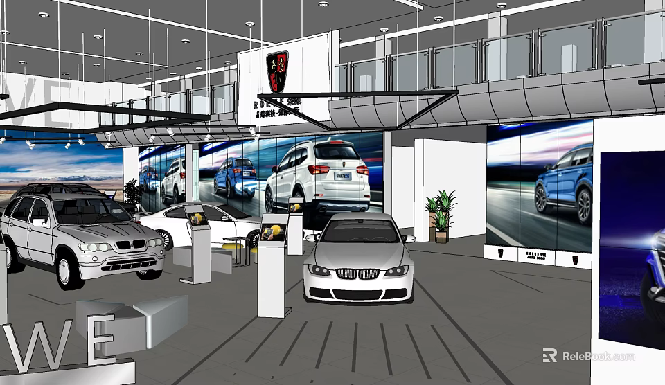 4S Store Showroom Displaying New Cars With Modern Interior And Lighting 3d model 