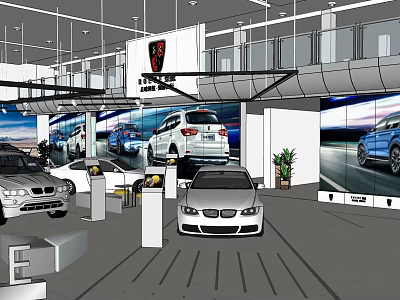 4S Store Showroom Displaying New Cars With Modern Interior And Lighting 3d model