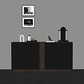 Modern Minimalist Dresser in Living Room with Framed Pictures Coffee Maker and Decorative Items