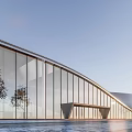 Modern Sales Office Building With Glass Curtain Wall And Curved Roof Surrounded By Trees