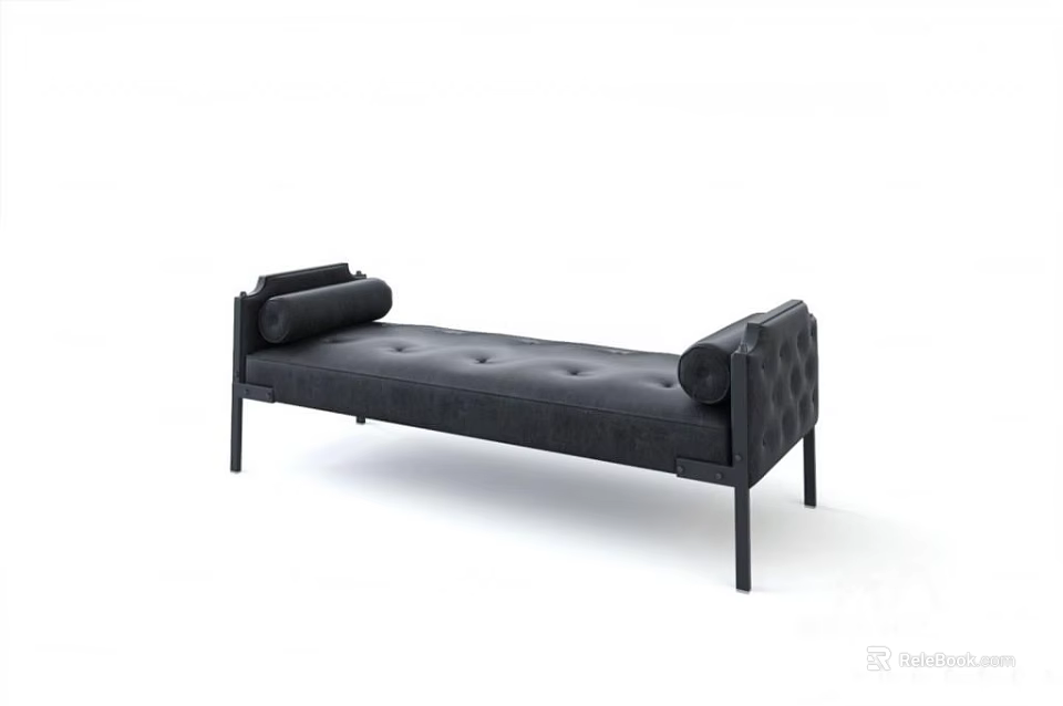 Modern Black Leather Ottoman With Button Tufted Design And Metal Frame 3d model