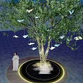 Arbor Tree With Illuminated Base Hanging Butterfly Decorations And Woman In White Dress