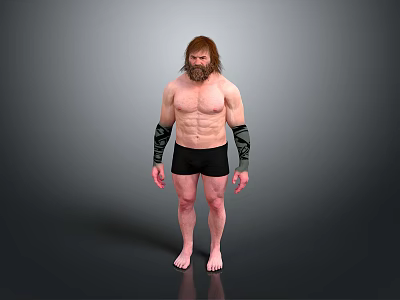 Muscular Shirtless Man in Black Shorts with Arm Wraps Barefoot Standing Against Gray Background 3d model