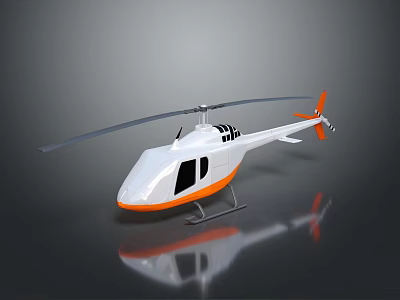 White And Orange Helicopter With Rotor Blades Displayed On Gray Surface With Reflection 3d model