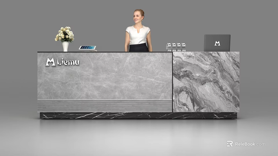 Modern Marble Reception Desk with Liemu Logo White Flower Vase Tablet and Laptop 3d model 