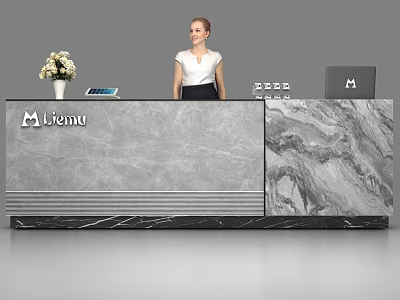 Modern Marble Reception Desk with Liemu Logo White Flower Vase Tablet and Laptop 3d model