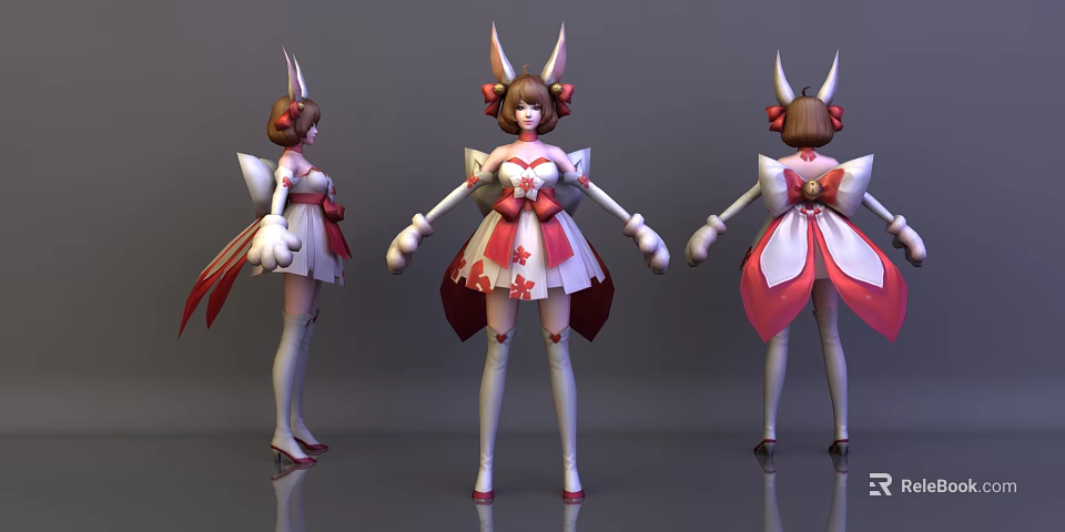 Game and Movie Character With Rabbit Ears Red White Dress And Cherry Blossom Design 3d model 