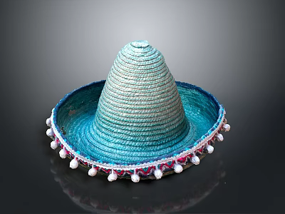 Woven Straw Sombrero Hat With Turquoise Hue Wide Brim And Colorful Pom Pom Trim 3d model