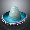 Woven Straw Sombrero Hat With Turquoise Hue Wide Brim And Colorful Pom Pom Trim