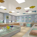 Colorful Children's Swimming Pool With Cartoon Animal Ceiling Decor And Wooden Cabinets