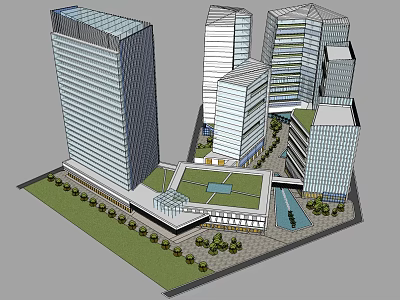 Modern Commercial Office Buildings With Glass Facades And Green Plaza Area 3d model