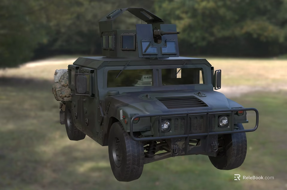 Military Humvee Vehicle in Green With Roof Mounted Equipment in Outdoor Grassland and Wooded Area 3d model 