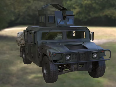 Military Humvee Vehicle in Green With Roof Mounted Equipment in Outdoor Grassland and Wooded Area 3d model