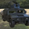 Military Humvee Vehicle in Green With Roof Mounted Equipment in Outdoor Grassland and Wooded Area