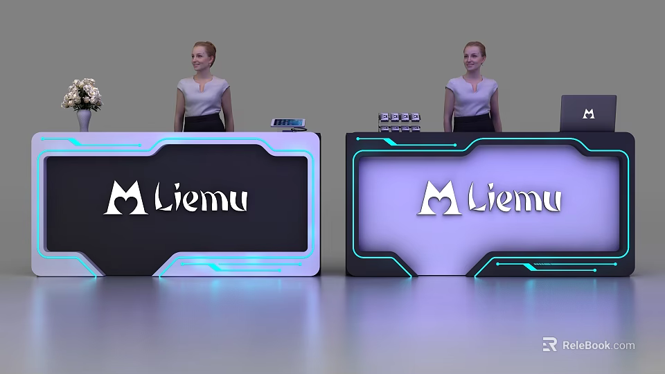 Modern Reception Desks With Liemu Logo Illuminated Design And Staff Standing 3d model 