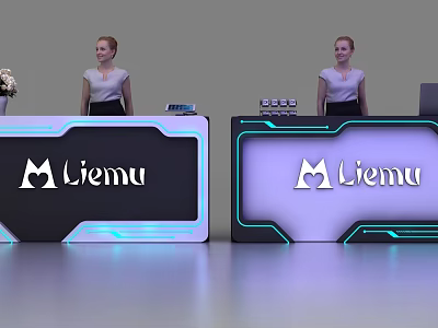 Modern Reception Desks With Liemu Logo Illuminated Design And Staff Standing 3d model