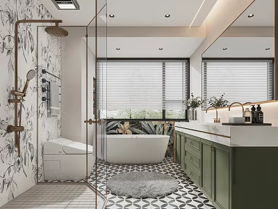 Modern Bathroom With Glass Shower Golden Fixtures Green Vanity White Bathtub And Patterned Walls 3d model