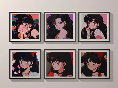 Anime Style Female Character Portrait Paintings With Various Expressions Framed and Displayed on Wall 3d model