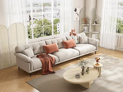 Light Gray Sectional Sofa With Orange Cushions And Coffee Table In Bright Living Room 3d model