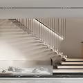 Modern Staircase Design With Glass Railing Wooden Steps LED Lighting And Small Rock Garden