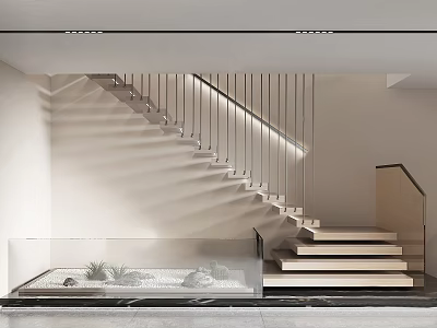 Modern Staircase Design With Glass Railing Wooden Steps LED Lighting And Small Rock Garden 3d model