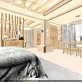 Rustic Hotel Guest Room With Wooden Ceiling Stone Accent Wall Comfortable Bed And Decorative Vases