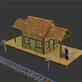 Wooden Train Station Exterior With Red Tile Roof Covered Platform And Railway Tracks