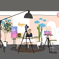 Modern Public Office Space With Photography Gear Screen Cloud Decor And Cactus Plants
