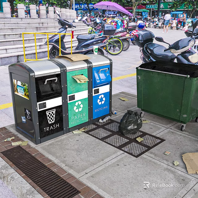 Public Area With Sorted Trash Bins Recycle Containers And Scattered Garbage 3d model 