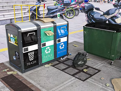 Public Area With Sorted Trash Bins Recycle Containers And Scattered Garbage 3d model