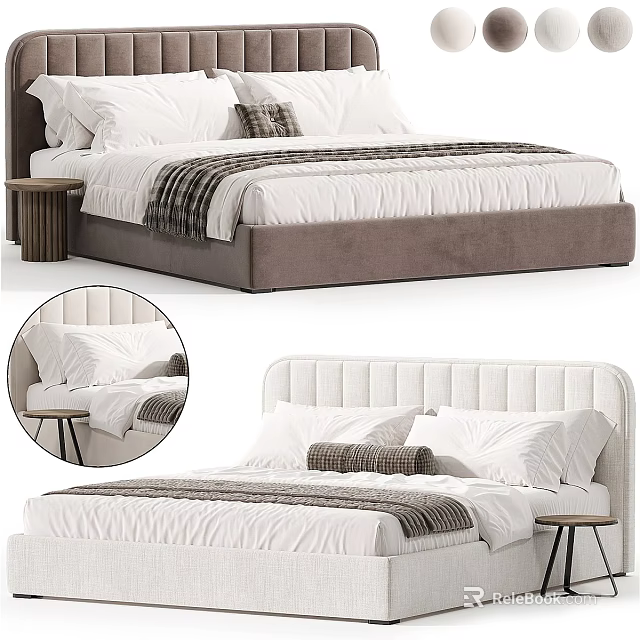 Double Bed With Upholstered Frame White Sheets Striped Blanket And Nightstand 3d model