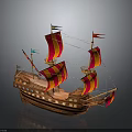 Vintage Wooden Sailing Ship with Red and Yellow Sails and Flags