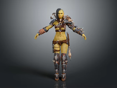 Fantasy Female Warrior Game Character With Green Skin And Leather Metal Armor Gear 3d model