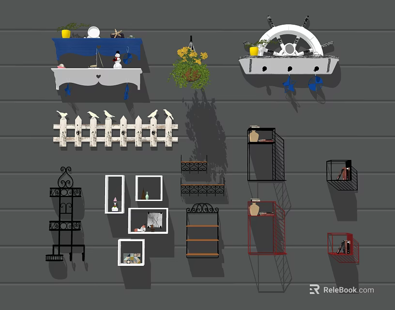 Various Wall Cabinets Designs Featuring Open Shelves And Decorative Plants 3d model