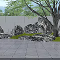 Natural Outdoor Landscape With Rock Formations Large Tree Green Grass And Paved Ground