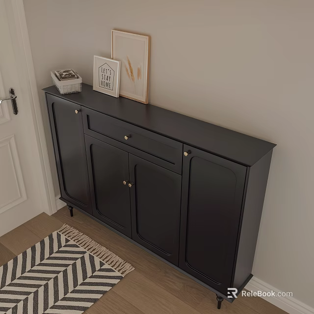 Black Entryway Cabinet Sideboard With Decorative Frames And Ornaments In Hallway 3d model