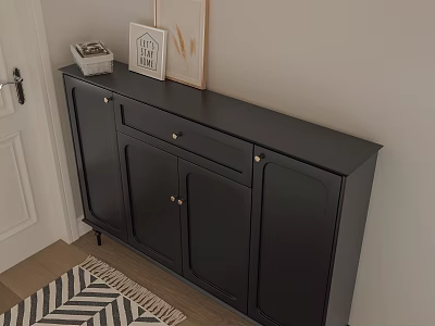 Black Entryway Cabinet Sideboard With Decorative Frames And Ornaments In Hallway 3d model