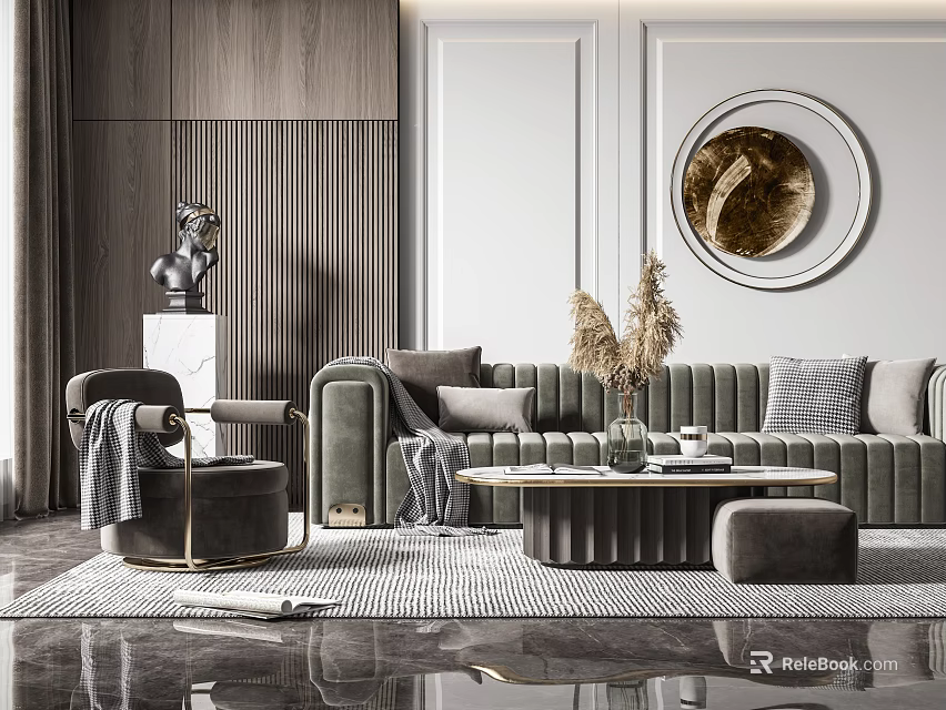 Elegant Modern Gray Sofa and Coffee Table Set with Pampas Grass Round Mirror and Ottoman 3d model 