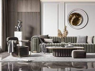 Elegant Modern Gray Sofa and Coffee Table Set with Pampas Grass Round Mirror and Ottoman 3d model