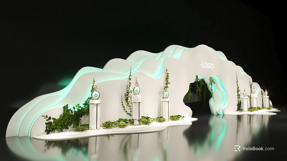 White Wave Shaped Decorative Structure With Green Plants White Pillars And Logo 3d model 
